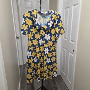Modcloth Cotton Blend Blue and Yellow Floral Dress